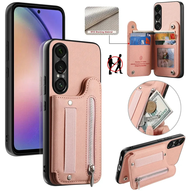 Capa para Sony Xperia 1 VII com Porta-cartões com Bloqueio RFID, Textura de Tecido Jeans, Revestimento Traseiro em Pele com Pulseira Elástica - Rosa