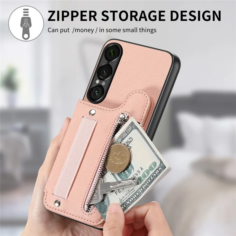 Capa para Sony Xperia 1 VII com Porta-cartões com Bloqueio RFID, Textura de Tecido Jeans, Revestimento Traseiro em Pele com Pulseira Elástica - Rosa