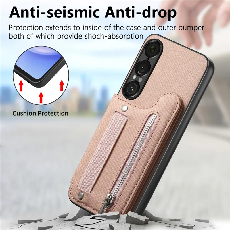 Capa para Sony Xperia 1 VII com Porta-cartões com Bloqueio RFID, Textura de Tecido Jeans, Revestimento Traseiro em Pele com Pulseira Elástica - Rosa