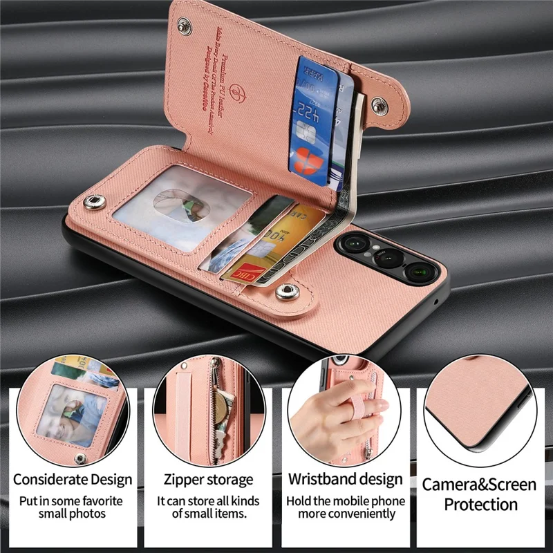 Capa para Sony Xperia 1 VII com Porta-cartões com Bloqueio RFID, Textura de Tecido Jeans, Revestimento Traseiro em Pele com Pulseira Elástica - Rosa