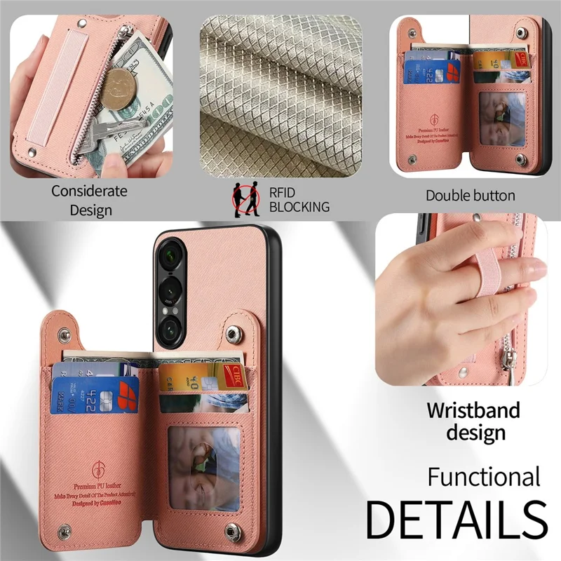 Capa para Sony Xperia 1 VII com Porta-cartões com Bloqueio RFID, Textura de Tecido Jeans, Revestimento Traseiro em Pele com Pulseira Elástica - Rosa