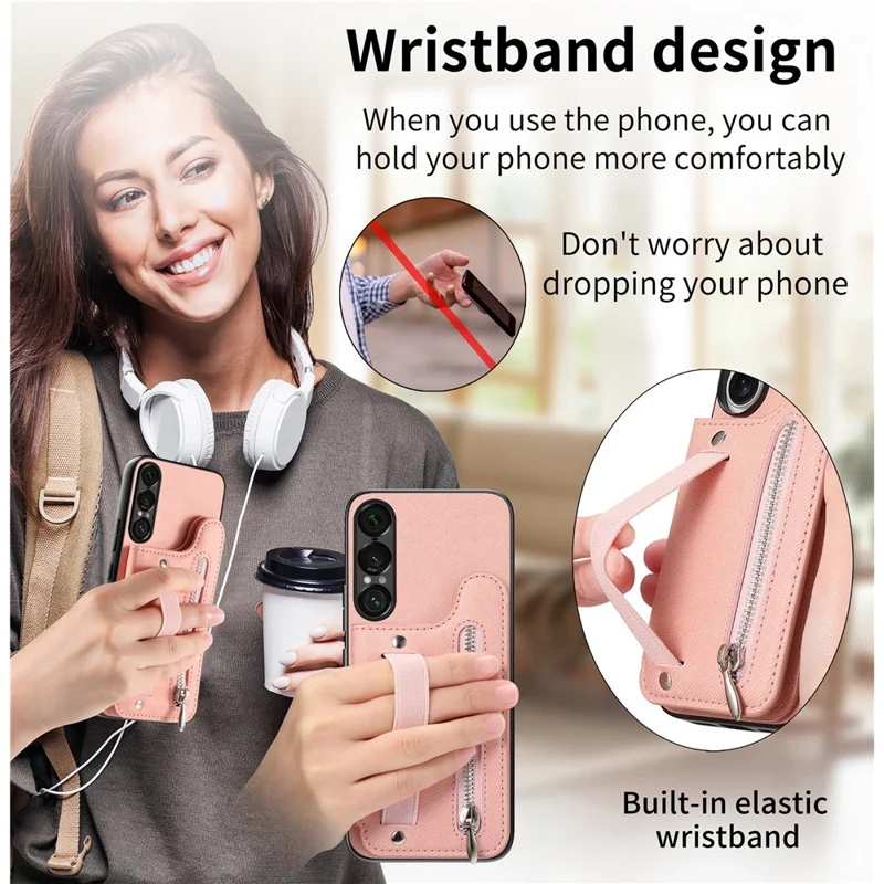 Capa para Sony Xperia 1 VII com Porta-cartões com Bloqueio RFID, Textura de Tecido Jeans, Revestimento Traseiro em Pele com Pulseira Elástica - Rosa