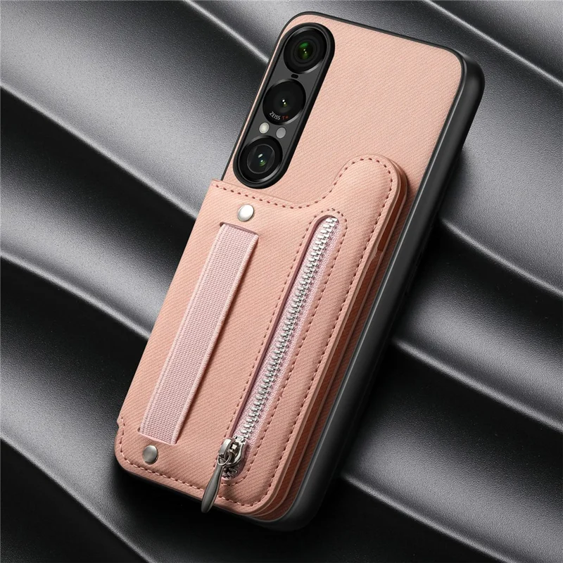 Capa para Sony Xperia 1 VII com Porta-cartões com Bloqueio RFID, Textura de Tecido Jeans, Revestimento Traseiro em Pele com Pulseira Elástica - Rosa