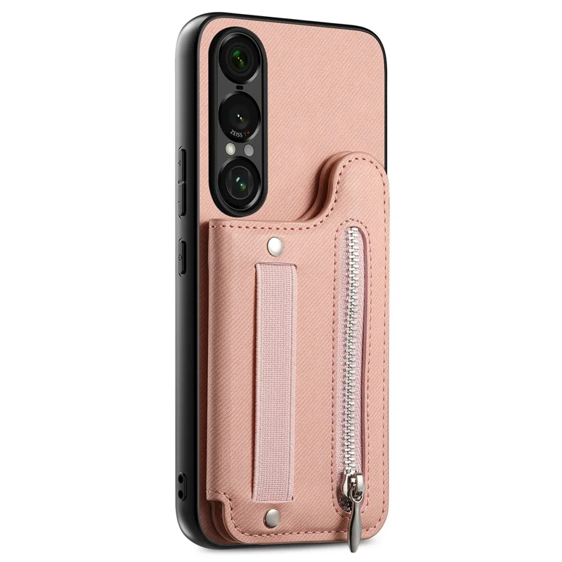 Capa para Sony Xperia 1 VII com Porta-cartões com Bloqueio RFID, Textura de Tecido Jeans, Revestimento Traseiro em Pele com Pulseira Elástica - Rosa