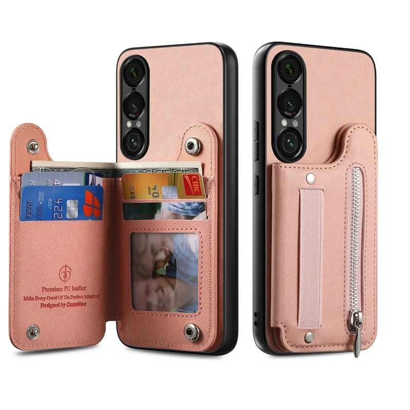 Capa para Sony Xperia 1 VII com Porta-cartões com Bloqueio RFID, Textura de Tecido Jeans, Revestimento Traseiro em Pele com Pulseira Elástica - Rosa