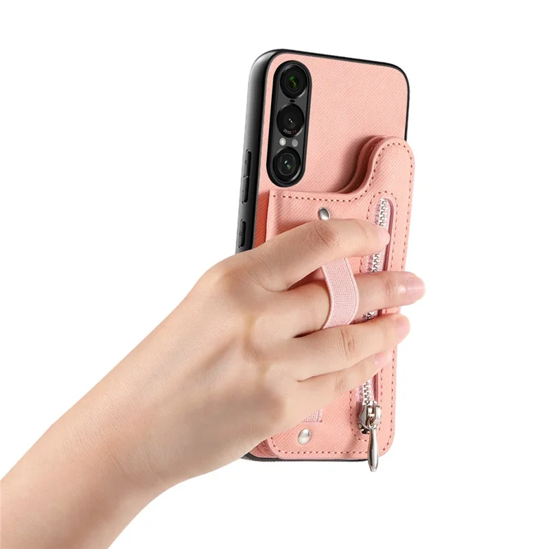Capa para Sony Xperia 1 VII com Porta-cartões com Bloqueio RFID, Textura de Tecido Jeans, Revestimento Traseiro em Pele com Pulseira Elástica - Rosa