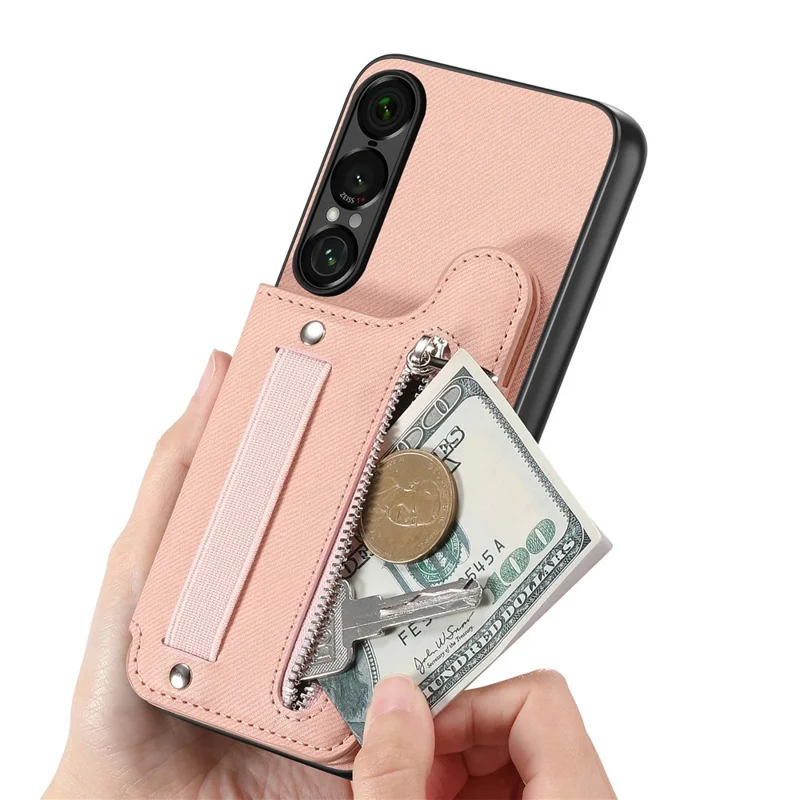 Capa para Sony Xperia 1 VII com Porta-cartões com Bloqueio RFID, Textura de Tecido Jeans, Revestimento Traseiro em Pele com Pulseira Elástica - Rosa