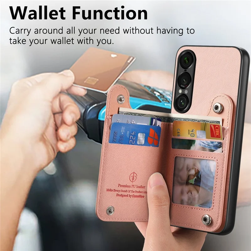 Capa para Sony Xperia 1 VII com Porta-cartões com Bloqueio RFID, Textura de Tecido Jeans, Revestimento Traseiro em Pele com Pulseira Elástica - Rosa