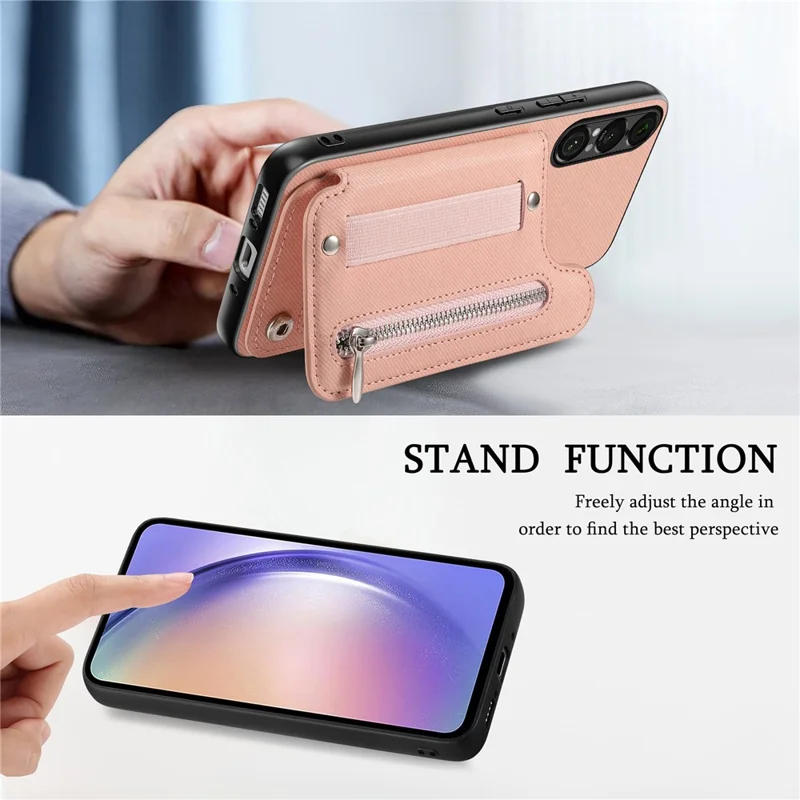 Capa para Sony Xperia 1 VII com Porta-cartões com Bloqueio RFID, Textura de Tecido Jeans, Revestimento Traseiro em Pele com Pulseira Elástica - Rosa