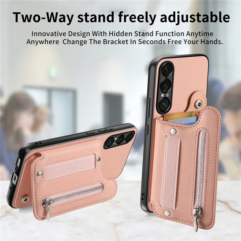 Capa para Sony Xperia 1 VII com Porta-cartões com Bloqueio RFID, Textura de Tecido Jeans, Revestimento Traseiro em Pele com Pulseira Elástica - Rosa