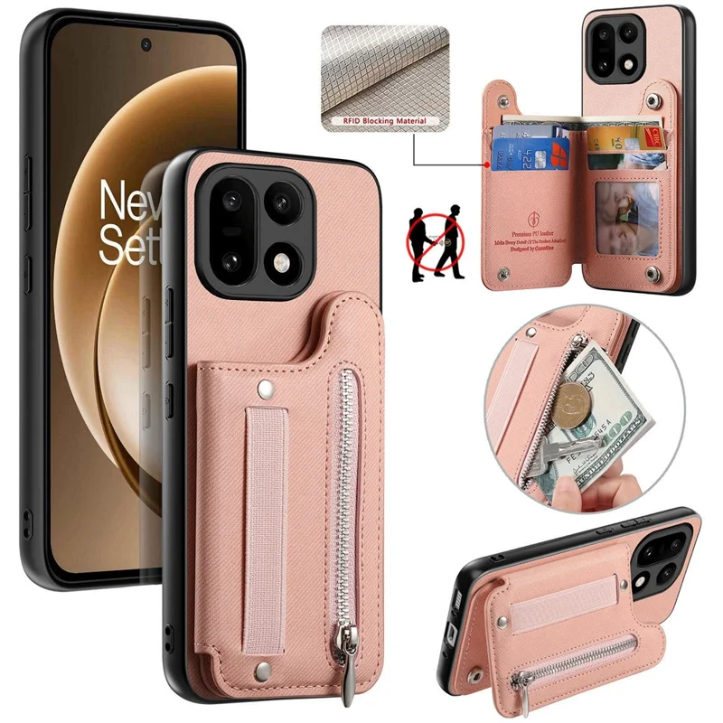 Capa para OnePlus 15 5G com Porta-cartões com Bloqueio RFID, Revestimento Traseiro em Couro com Textura de Tecido Jeans e Pulseira Elástica - Rosa