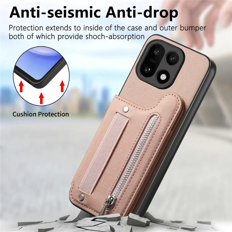 Capa para OnePlus 15 5G com Porta-cartões com Bloqueio RFID, Revestimento Traseiro em Couro com Textura de Tecido Jeans e Pulseira Elástica - Rosa