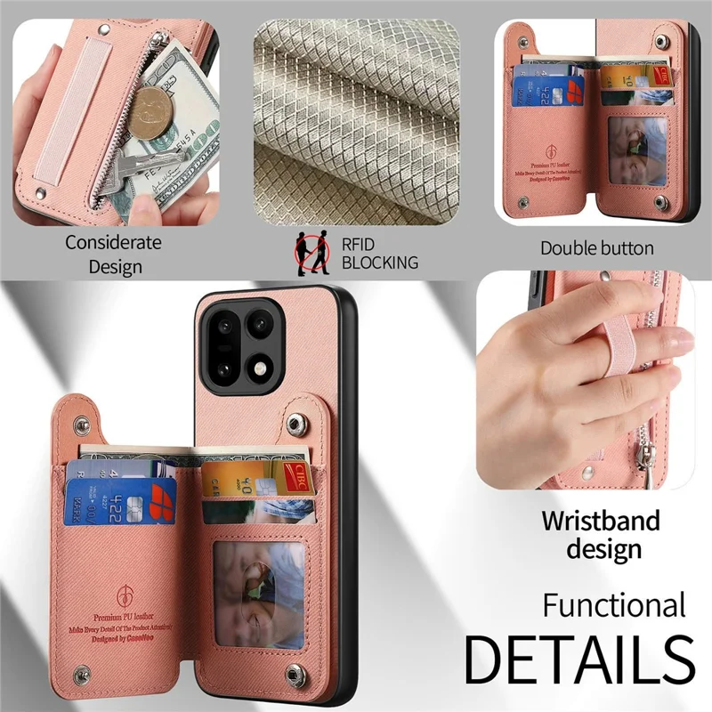 Capa para OnePlus 15 5G com Porta-cartões com Bloqueio RFID, Revestimento Traseiro em Couro com Textura de Tecido Jeans e Pulseira Elástica - Rosa