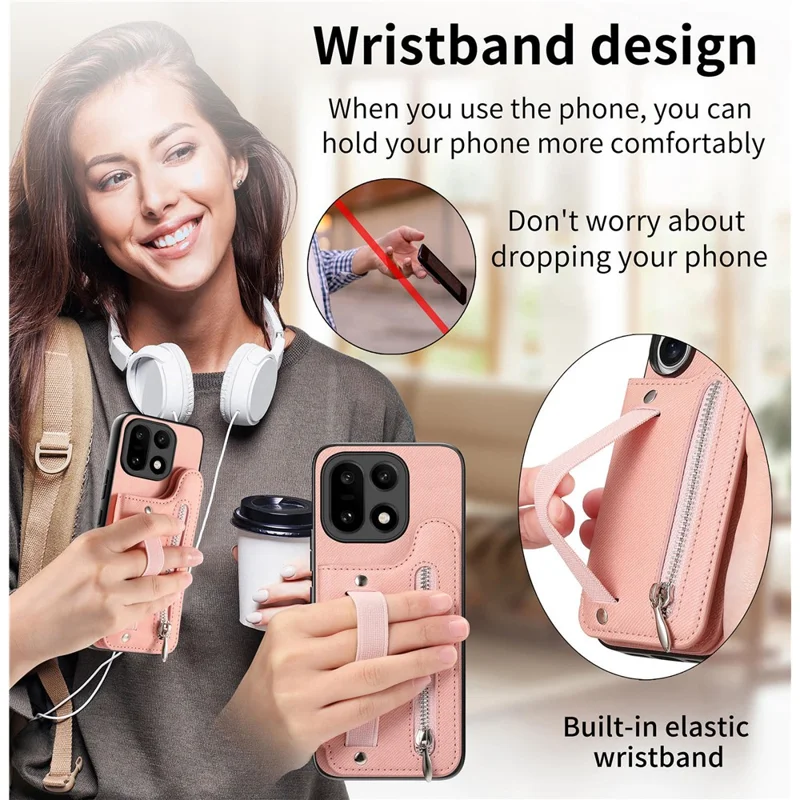 Capa para OnePlus 15 5G com Porta-cartões com Bloqueio RFID, Revestimento Traseiro em Couro com Textura de Tecido Jeans e Pulseira Elástica - Rosa