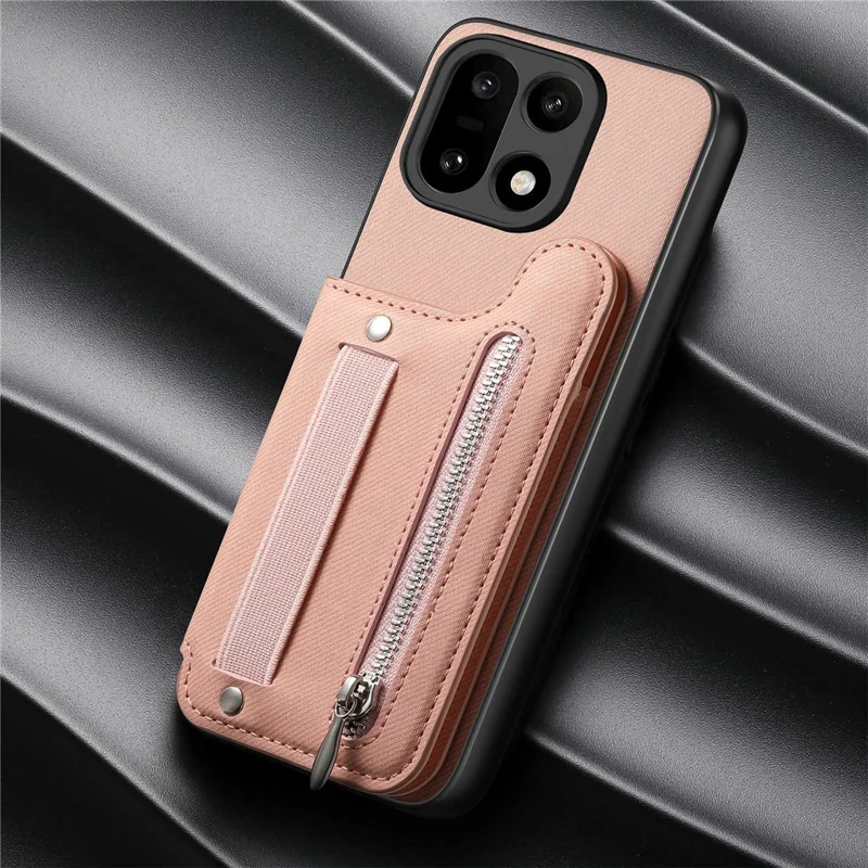 Capa para OnePlus 15 5G com Porta-cartões com Bloqueio RFID, Revestimento Traseiro em Couro com Textura de Tecido Jeans e Pulseira Elástica - Rosa