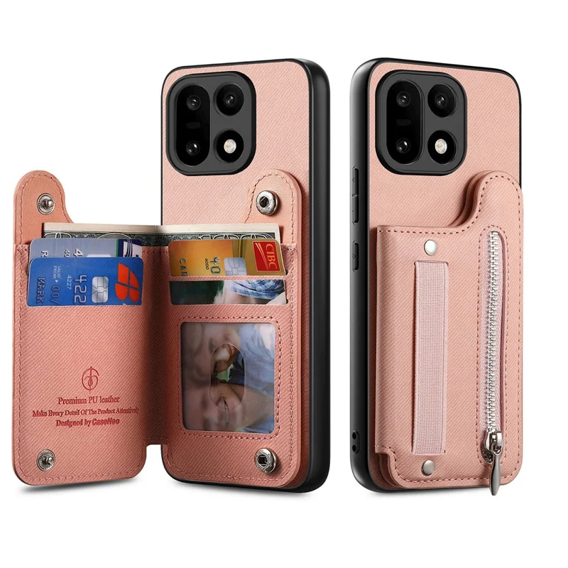 Capa para OnePlus 15 5G com Porta-cartões com Bloqueio RFID, Revestimento Traseiro em Couro com Textura de Tecido Jeans e Pulseira Elástica - Rosa