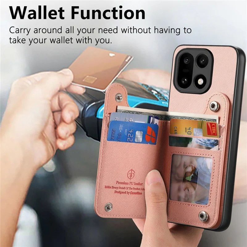 Capa para OnePlus 15 5G com Porta-cartões com Bloqueio RFID, Revestimento Traseiro em Couro com Textura de Tecido Jeans e Pulseira Elástica - Rosa