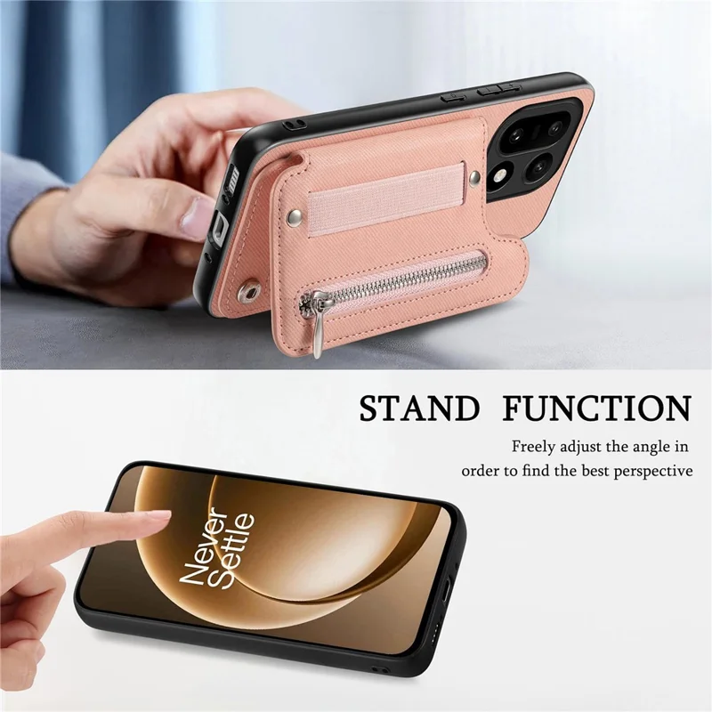 Capa para OnePlus 15 5G com Porta-cartões com Bloqueio RFID, Revestimento Traseiro em Couro com Textura de Tecido Jeans e Pulseira Elástica - Rosa