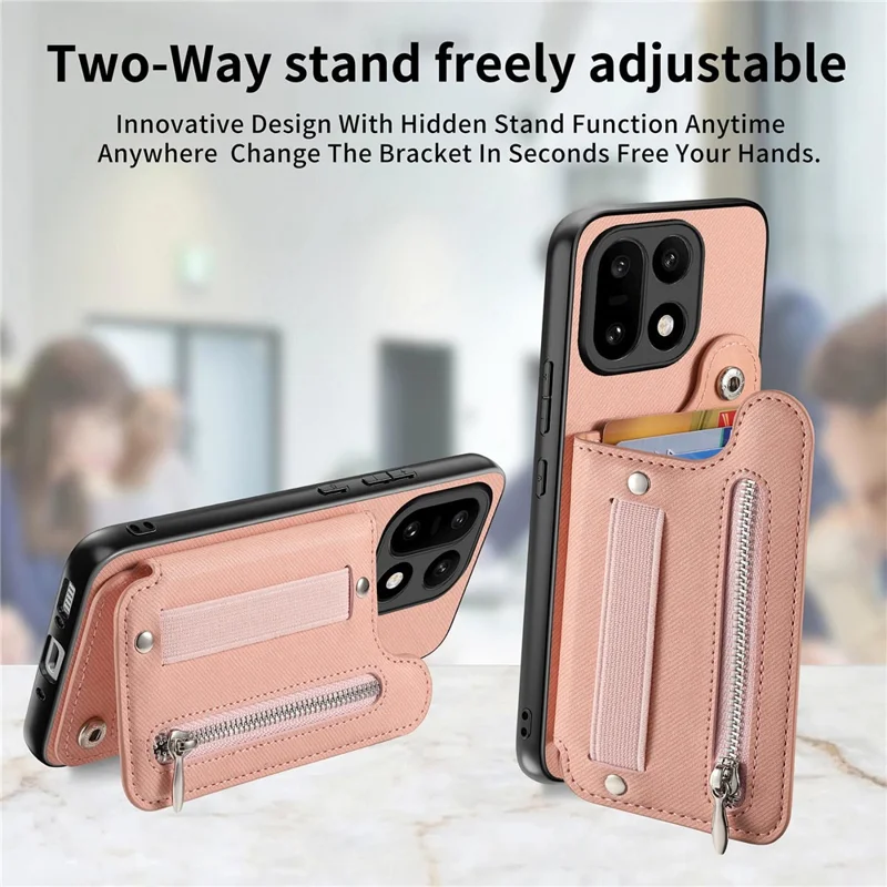 Capa para OnePlus 15 5G com Porta-cartões com Bloqueio RFID, Revestimento Traseiro em Couro com Textura de Tecido Jeans e Pulseira Elástica - Rosa