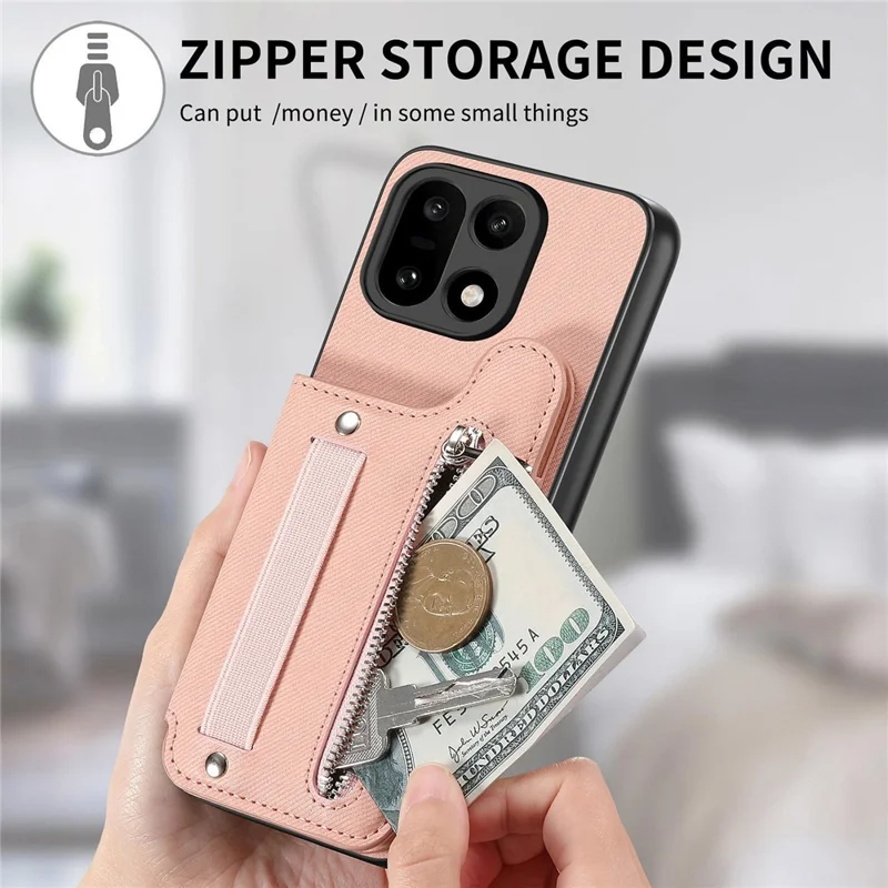 Capa para OnePlus 15 5G com Porta-cartões com Bloqueio RFID, Revestimento Traseiro em Couro com Textura de Tecido Jeans e Pulseira Elástica - Rosa