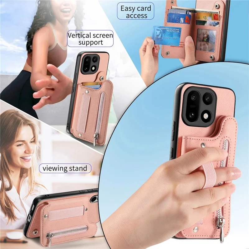 Capa para OnePlus 15 5G com Porta-cartões com Bloqueio RFID, Revestimento Traseiro em Couro com Textura de Tecido Jeans e Pulseira Elástica - Rosa