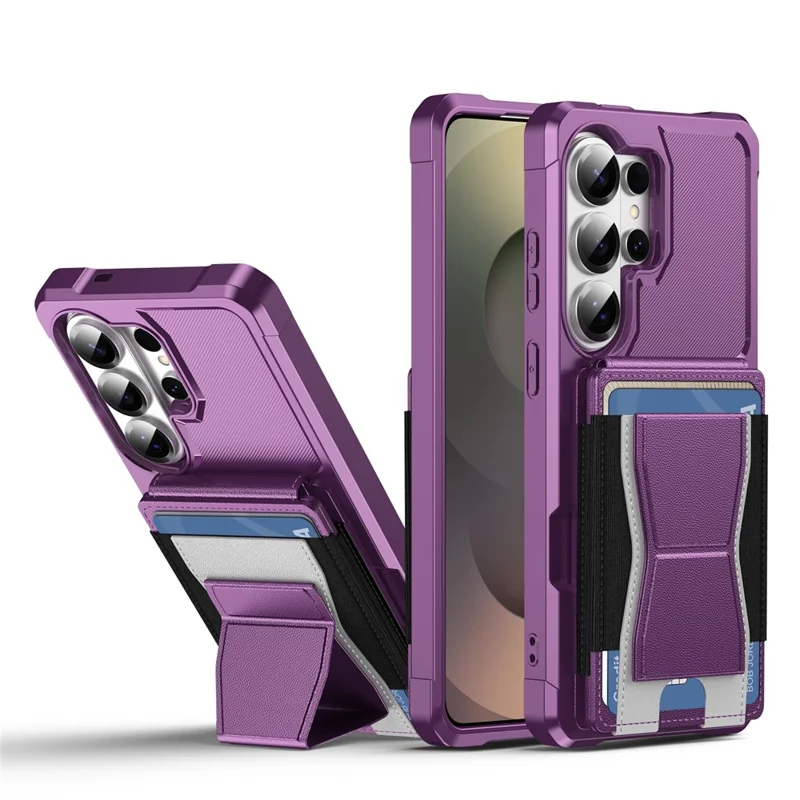 For Samsung Galaxy S24 Ultra Case Elastic Band Card Holder Leather + TPU Kickstand Phone Cover - Purple