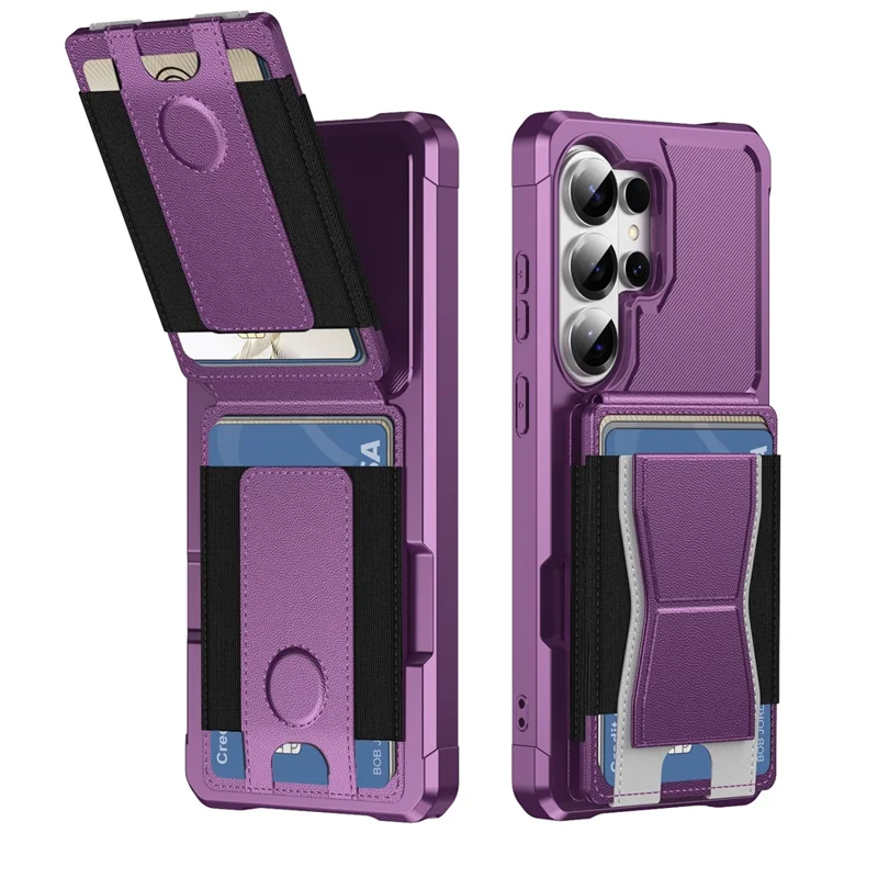 For Samsung Galaxy S24 Ultra Case Elastic Band Card Holder Leather + TPU Kickstand Phone Cover - Purple