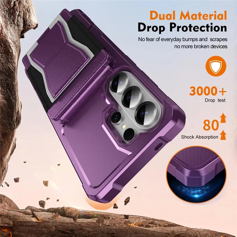 For Samsung Galaxy S24 Ultra Case Elastic Band Card Holder Leather + TPU Kickstand Phone Cover - Purple