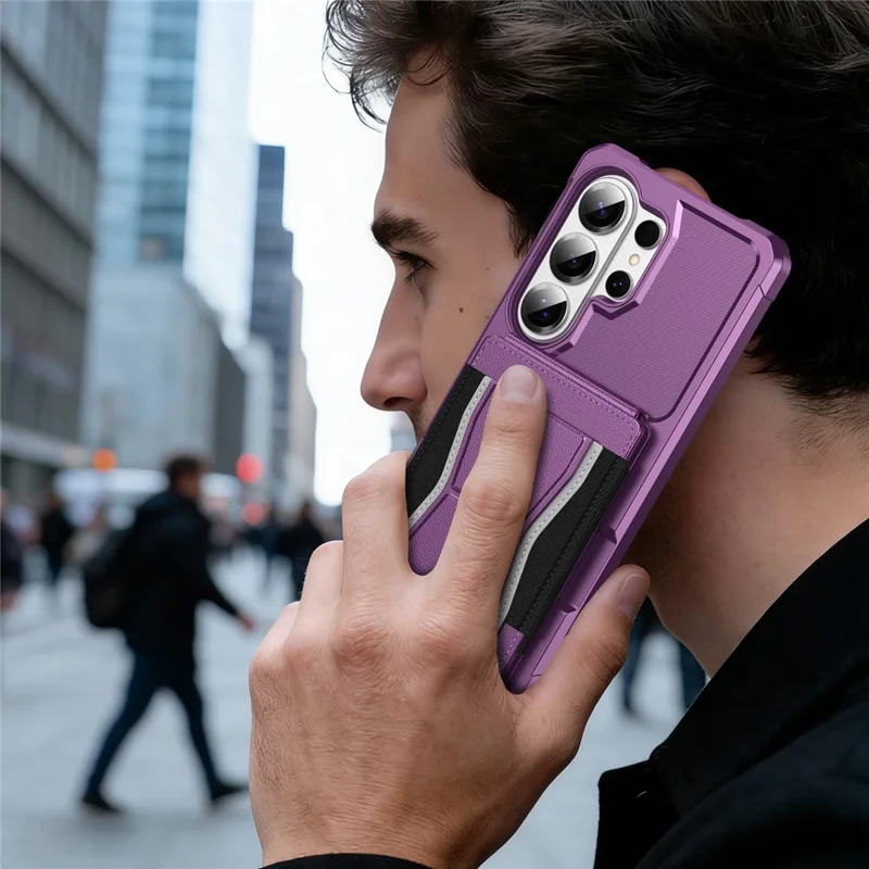 For Samsung Galaxy S24 Ultra Case Elastic Band Card Holder Leather + TPU Kickstand Phone Cover - Purple