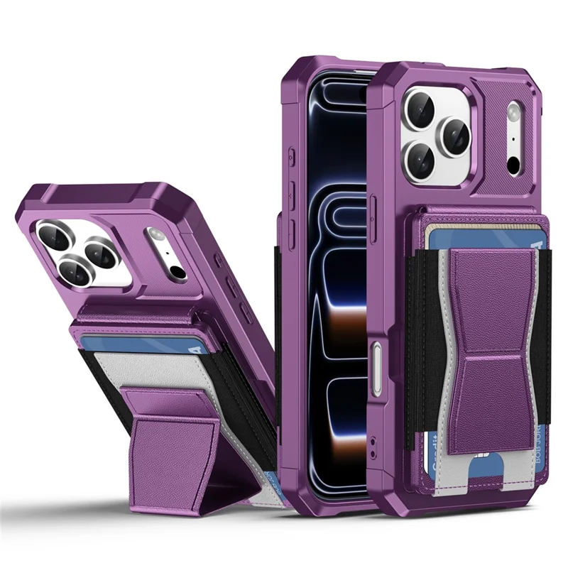For iPhone 17 Pro Case Elastic Band Card Holder Leather + TPU Kickstand Phone Cover - Purple
