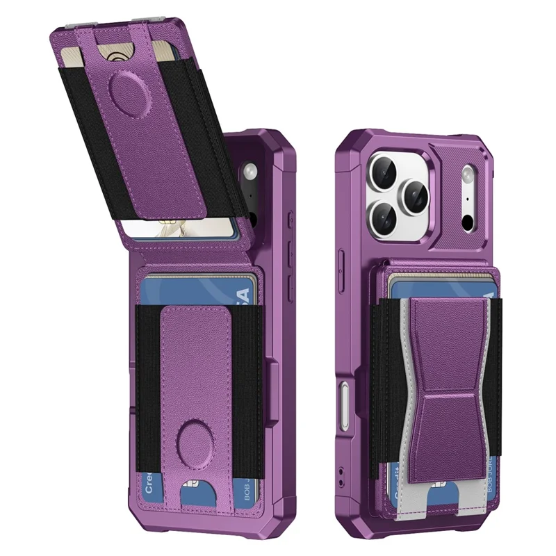 For iPhone 17 Pro Case Elastic Band Card Holder Leather + TPU Kickstand Phone Cover - Purple