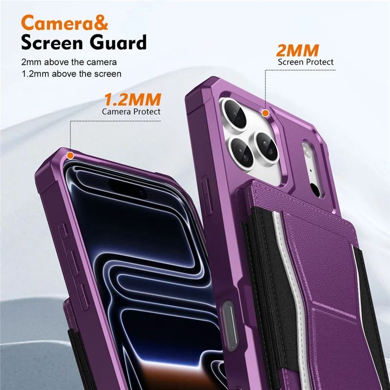 For iPhone 17 Pro Case Elastic Band Card Holder Leather + TPU Kickstand Phone Cover - Purple