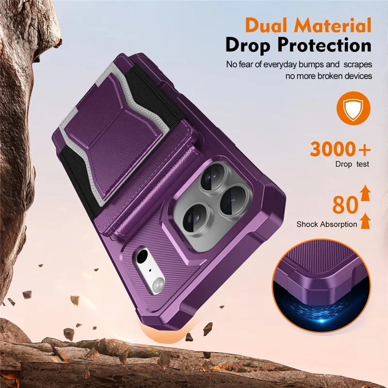 For iPhone 17 Pro Case Elastic Band Card Holder Leather + TPU Kickstand Phone Cover - Purple