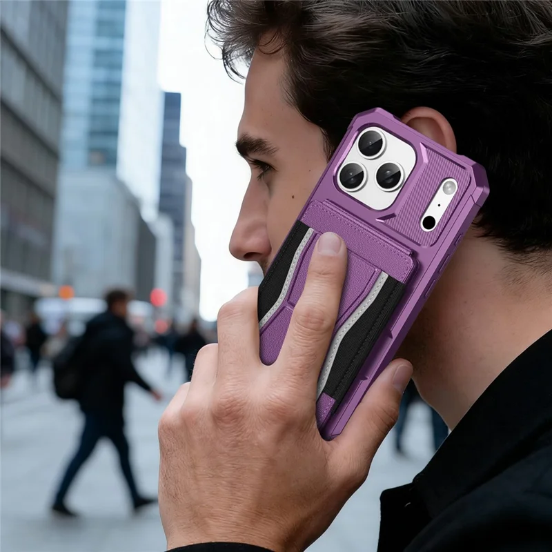 For iPhone 17 Pro Case Elastic Band Card Holder Leather + TPU Kickstand Phone Cover - Purple
