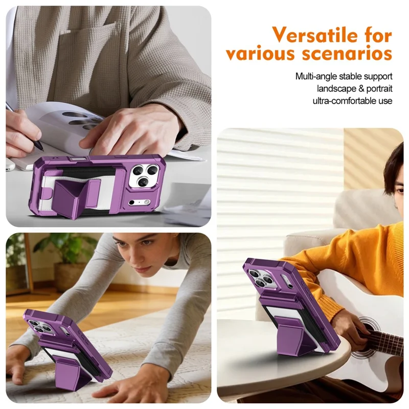 iPhone 17 Pro Max Hülle mit elastischem Kartenhalter aus Leder + TPU mit Ständer Handyhülle - Lila