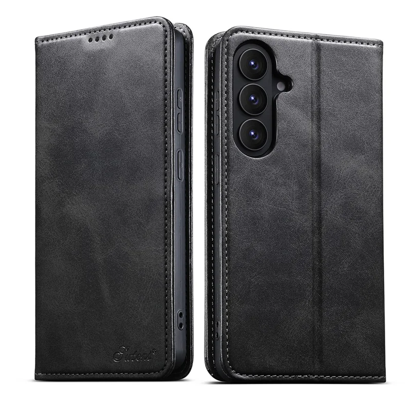 SUTENI For Samsung Galaxy S26+ Leather Case Calf Texture Wallet Stand Flip Phone Cover - Black