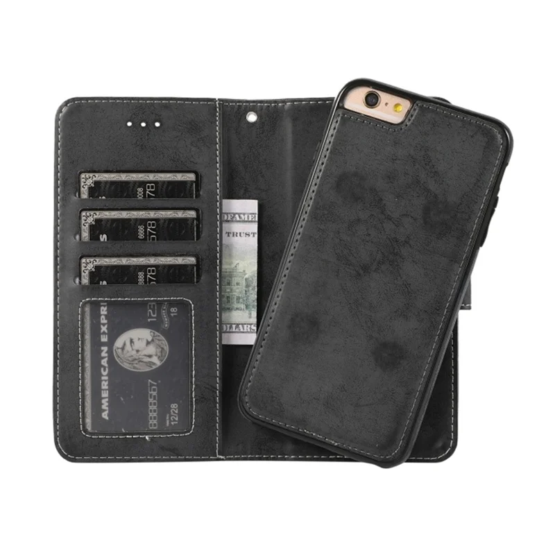 For iPhone 6  /  6s Wallet Case Retro Matte Magnetic Detachable PU Leather TPU Phone Cover - Black
