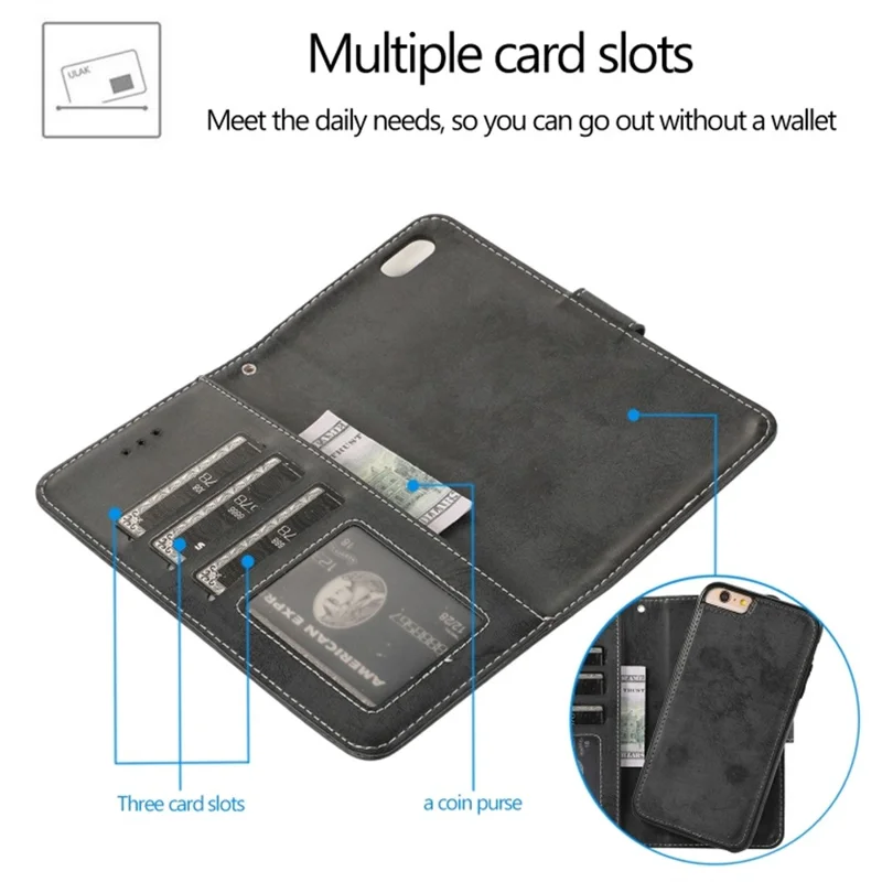 For iPhone 6  /  6s Wallet Case Retro Matte Magnetic Detachable PU Leather TPU Phone Cover - Black