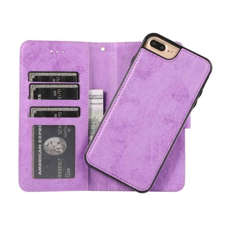 For iPhone 8 Plus  /  7 Plus Wallet Case Retro Matte Magnetic Detachable PU Leather TPU Phone Cover - Purple