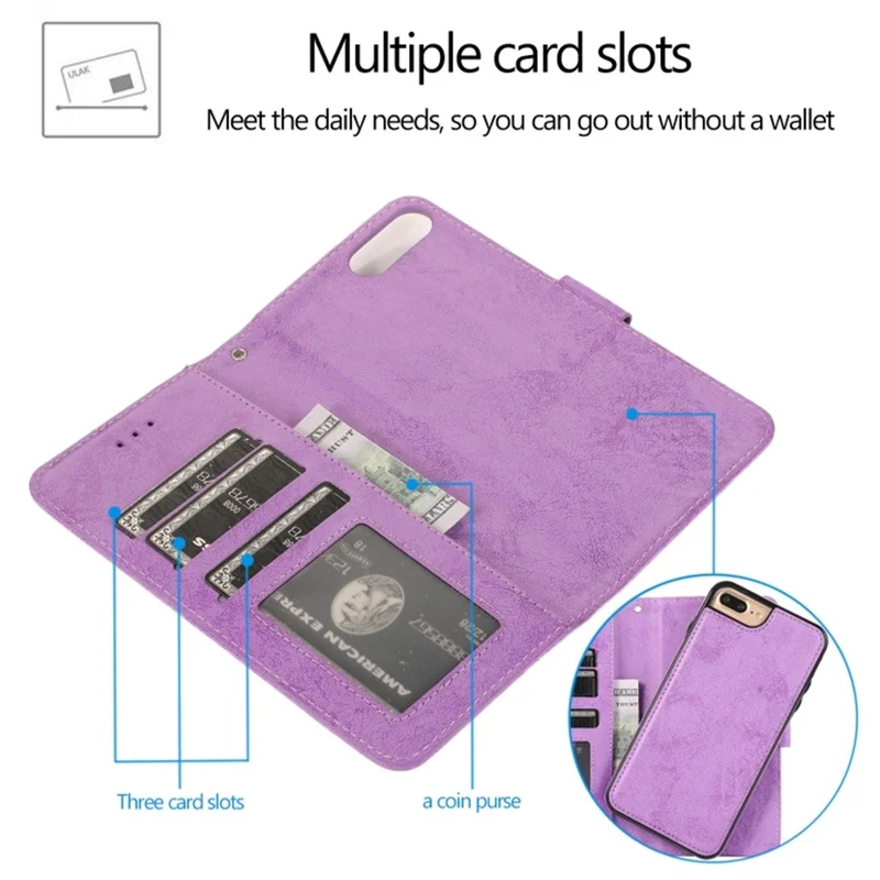 For iPhone 8 Plus  /  7 Plus Wallet Case Retro Matte Magnetic Detachable PU Leather TPU Phone Cover - Purple