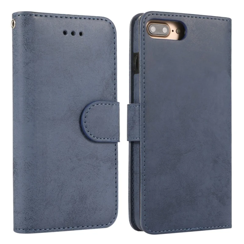 Funda tipo cartera para iPhone 8 Plus / 7 Plus, carcasa magnética desmontable de cuero PU mate retro y TPU, color azul oscuro