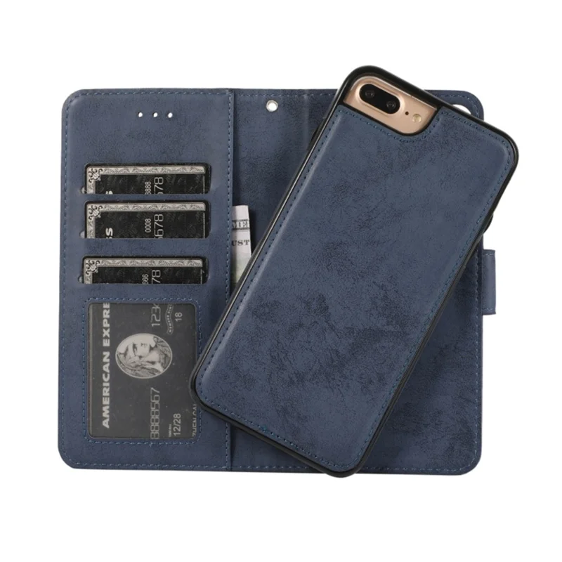 Funda tipo cartera para iPhone 8 Plus / 7 Plus, carcasa magnética desmontable de cuero PU mate retro y TPU, color azul oscuro