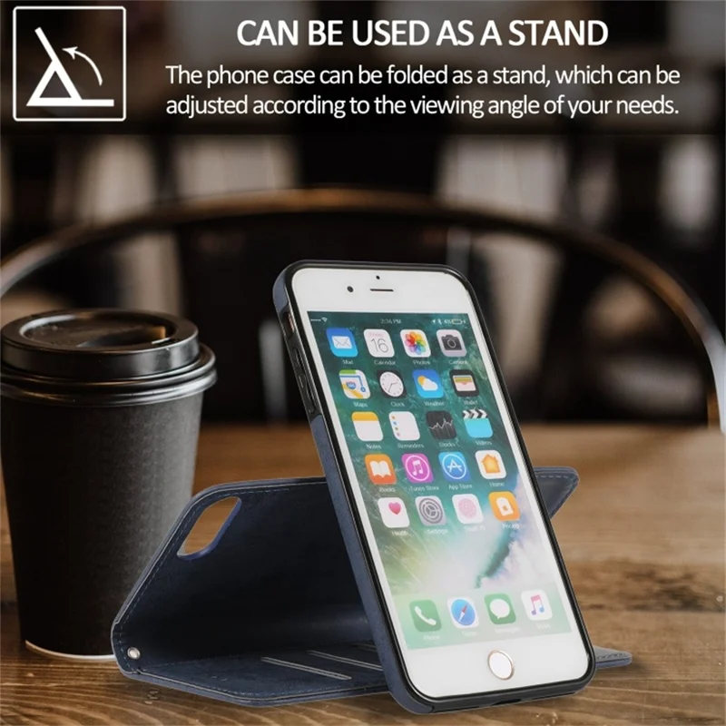 Funda tipo cartera para iPhone 8 Plus / 7 Plus, carcasa magnética desmontable de cuero PU mate retro y TPU, color azul oscuro
