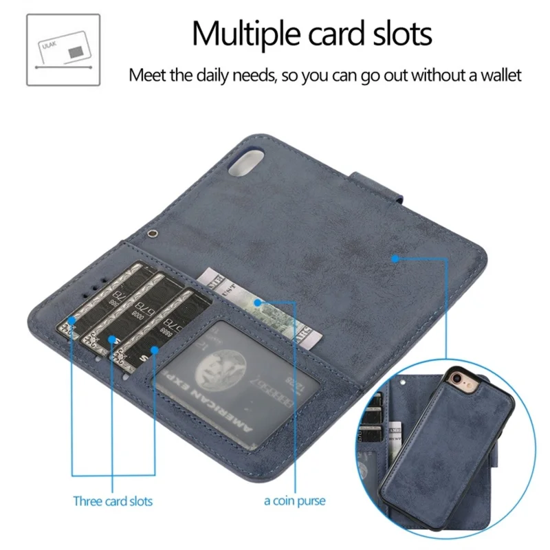 Brieftaschenhülle für iPhone 8 / 7 / SE (2022) / SE (2020) Retro-Matt magnetische abnehmbare PU-Leder-TPU-Handyhülle - Dunkelblau