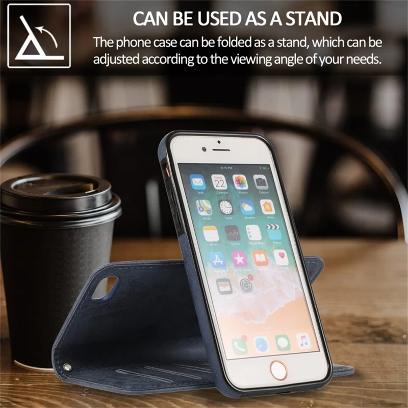 Brieftaschenhülle für iPhone 8 / 7 / SE (2022) / SE (2020) Retro-Matt magnetische abnehmbare PU-Leder-TPU-Handyhülle - Dunkelblau