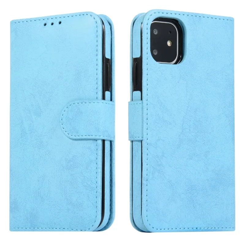 For iPhone 11 Wallet Case Retro Matte Magnetic Detachable PU Leather TPU Phone Cover - Sky Blue