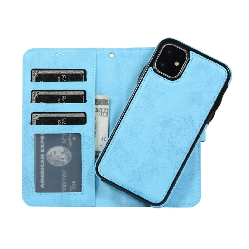 For iPhone 11 Wallet Case Retro Matte Magnetic Detachable PU Leather TPU Phone Cover - Sky Blue