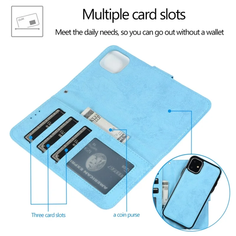 For iPhone 11 Wallet Case Retro Matte Magnetic Detachable PU Leather TPU Phone Cover - Sky Blue