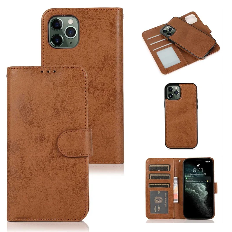 For iPhone 11 Pro Max Wallet Case Retro Matte Magnetic Detachable PU Leather TPU Phone Cover - Brown