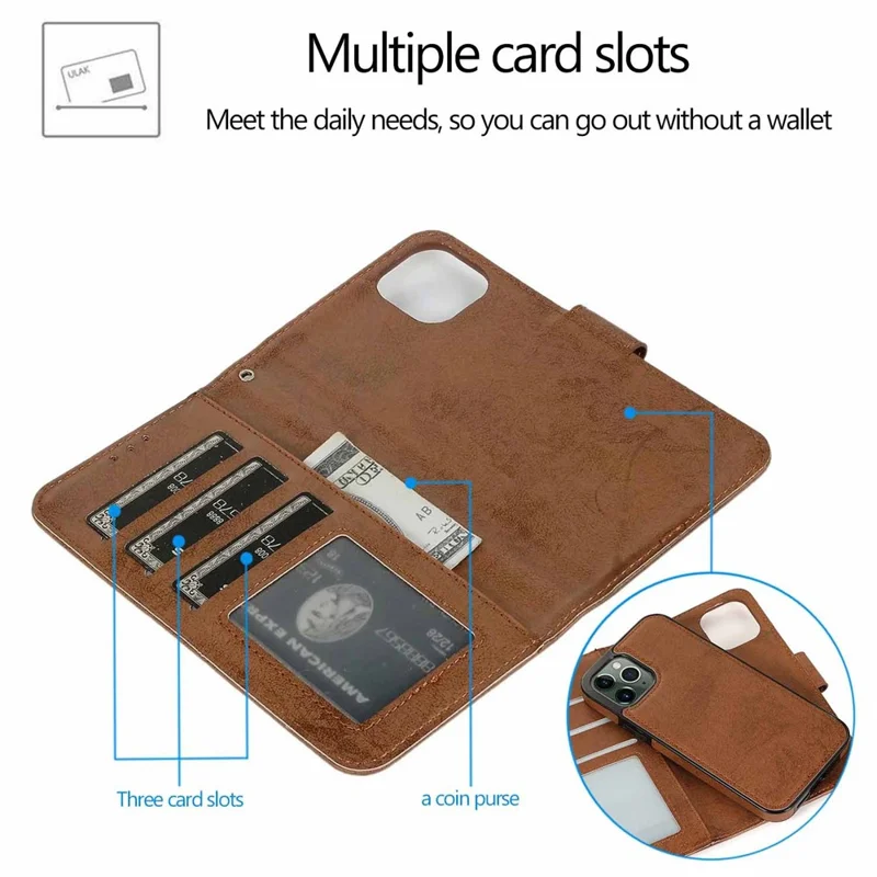 For iPhone 11 Pro Max Wallet Case Retro Matte Magnetic Detachable PU Leather TPU Phone Cover - Brown
